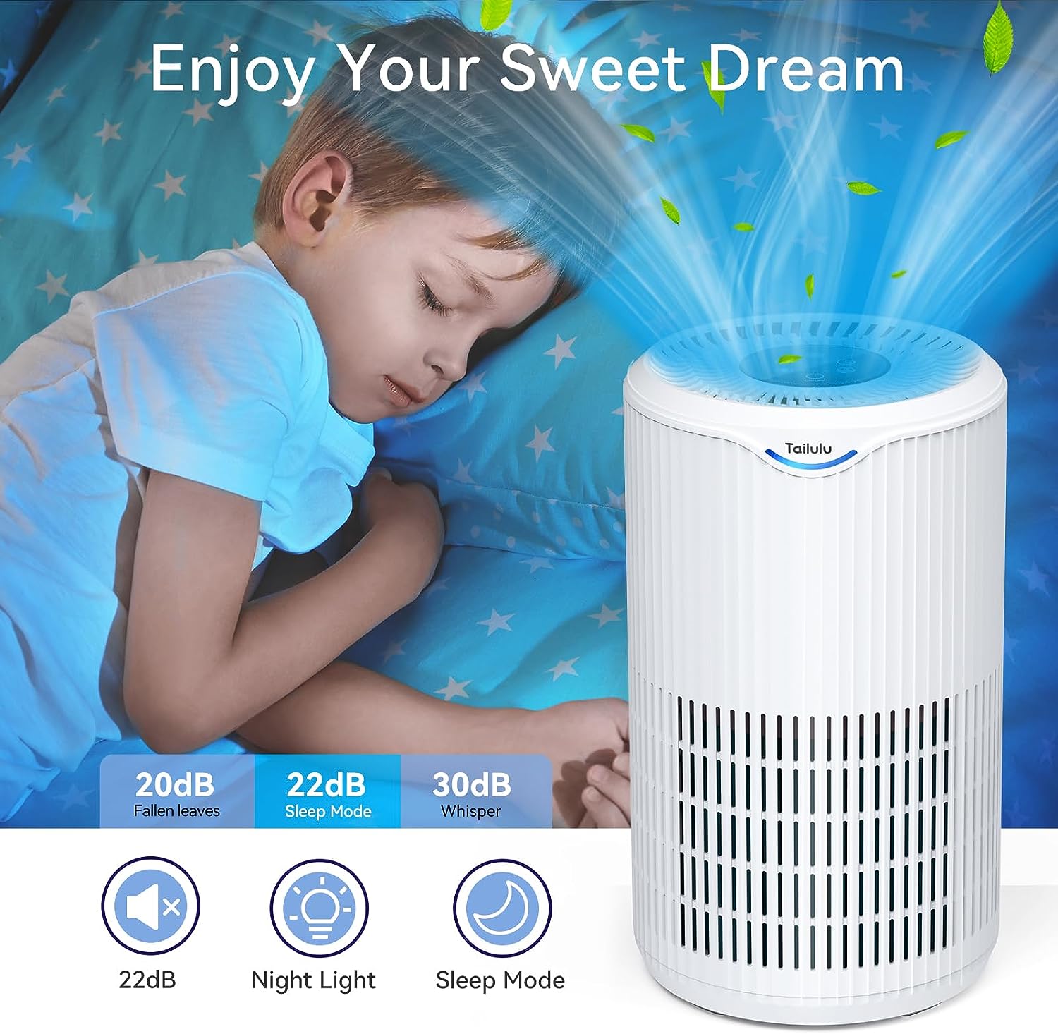 Air Purifiers for Home Large Room Up to 1345 Ft², Tailulu H13 True HEPA Air Purifier for Bedroom 22dB Purify Smoke Dust Pet Hair Allergies for Living Room Kitchen Office, Air Filter with Sleep Mode