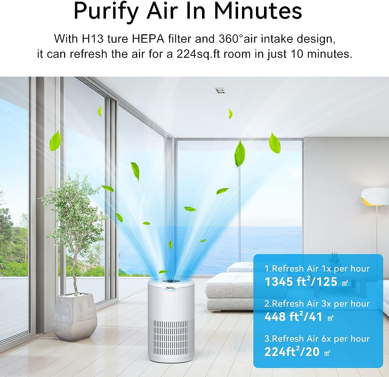 Air Purifiers for Home Large Room Up to 1345 Ft², Tailulu H13 True HEPA Air Purifier for Bedroom 22dB Purify Smoke Dust Pet Hair Allergies for Living Room Kitchen Office, Air Filter with Sleep Mode