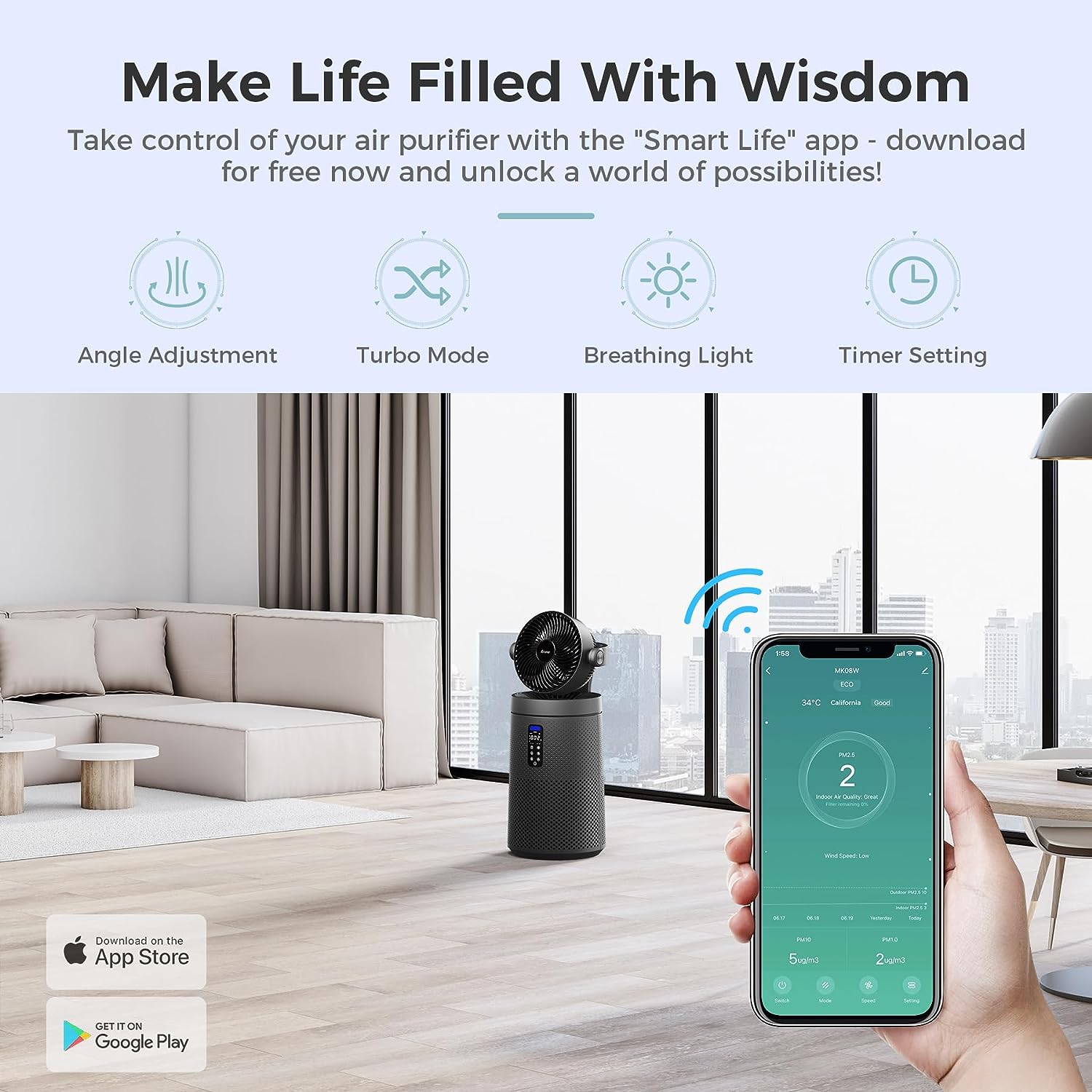 AROEVE Air Purifiers for Home Large Room With Air Circulator Fan System And Smart WIFI True H13 HEPA Oscillating Air Purifier Fan With Washable Filter For Indoors Whole Home, MK08W - Space Gray