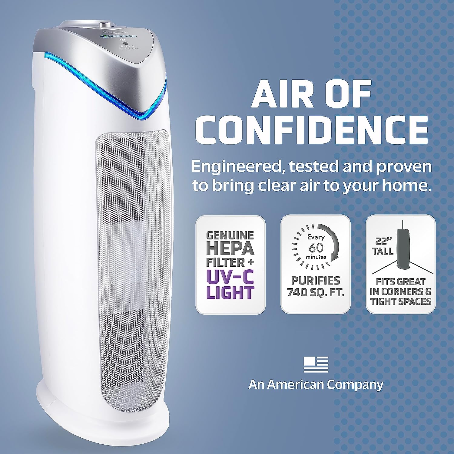 Germ Guardian Air Purifier with HEPA 13 Filter,Removes 99.97% of Pollutants,Covers Large Room up to 743 Sq. Foot Room in 1 Hr,UV-C Light Helps Reduce Germs,Zero Ozone Verified,22”,White,AC4825W