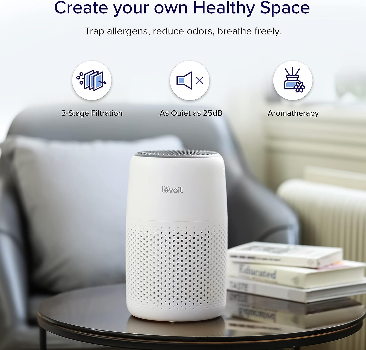 LEVOIT Air Purifiers for Bedroom Home, HEPA Filter Cleaner with Fragrance Sponge for Better Sleep, Filters Smoke, Allergies, Pet Dander, Odor, Dust, Office, Desktop, Portable, Core Mini, White