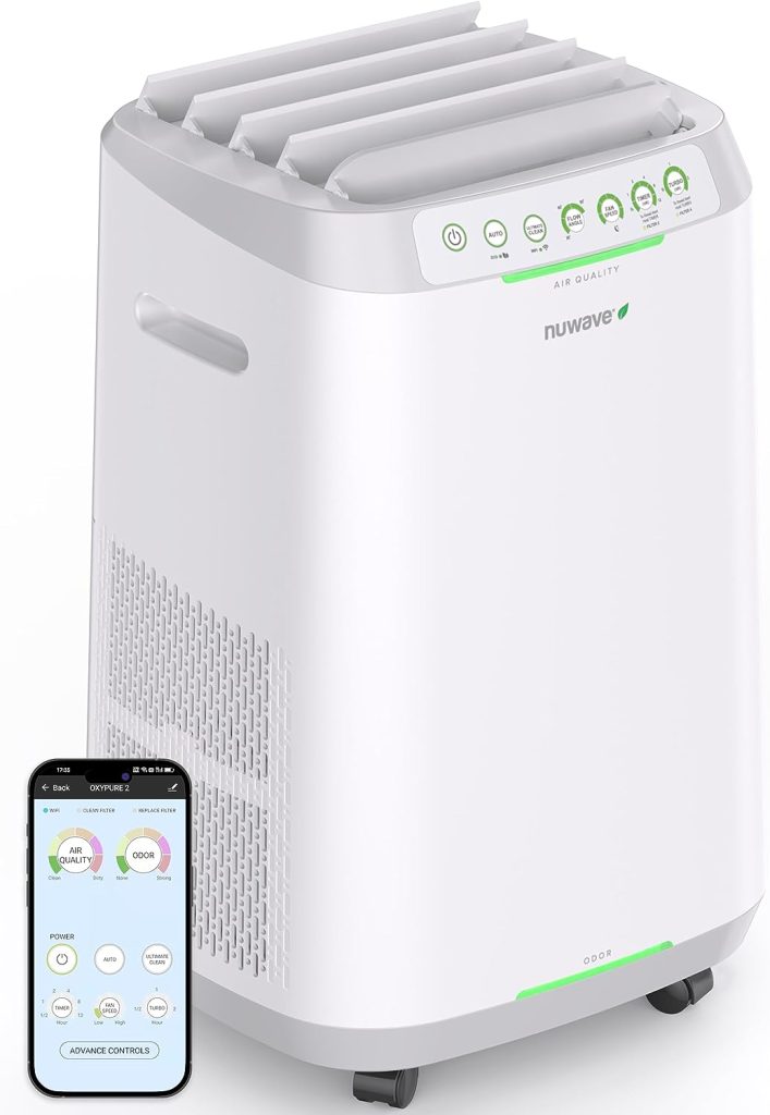 Nuwave OxyPure ZERO Smart Air Purifier, Large Area up to 2,002 Sq Ft, Dual 4-Stage Air Filtration, Adjustable 30°, 60°, 90° Vents, Washable Reusable Filters for ZERO Waste Replacements, White