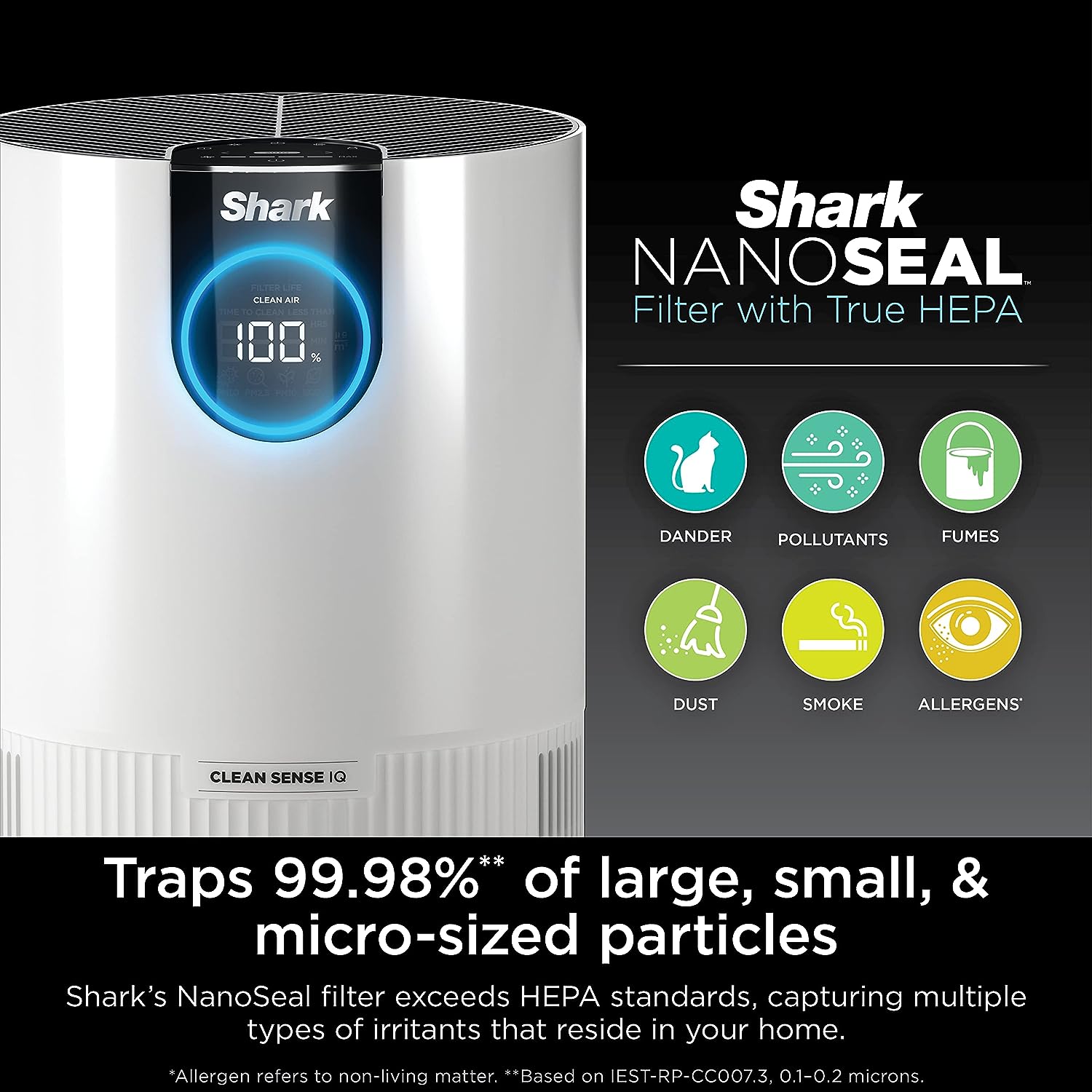 Shark HP102 Clean Sense Air Purifier for Home, Allergies, HEPA Filter, 500 Sq Ft, Small Room, Bedroom, Office, Captures 99.98% of Particles, Dust, Smoke Allergens, Portable, Desktop, White