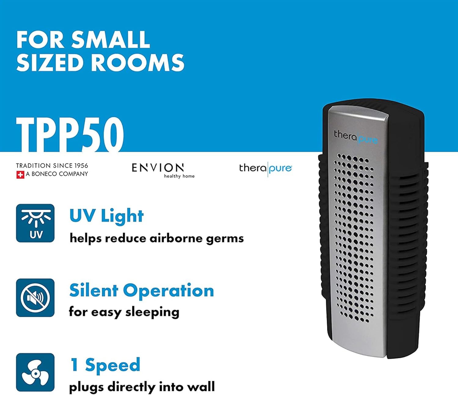 ENVION Therapure Mini TPP50 Small Space Plug In Cordless UV-C Light Air Purifier with Cleanable Filter for Closets and Pantries, Black